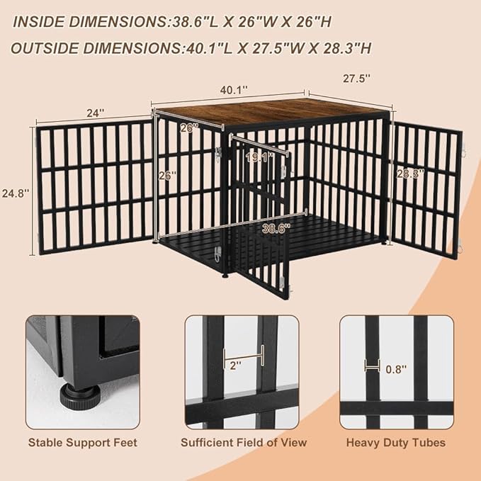 40" Dog Crate Furniture, Wooden Pet Crate End Table Decorative Dog Kennel Furniture, Heavy Duty Dog Cage for Large and Medium Dogs, Three Doors with Double Protection Lockes, Rustic Brown