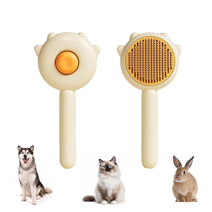 Pet Hair Brush with Release Button, Self Cleaning Cat Brush Pet Comb for Shedding Pet Hair Brush for Grooming Long and Short Hair Cats Dogs - Yellow