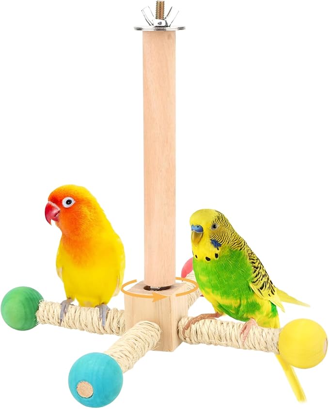 Hypeety Spinning Bird Perch Stand Toy Natural Wood Interactive Exercise Wheel Parrot Perch Toys Bird Rotating Perch for Parrot Parakeets Budgies Lovebirds Finch Conures (4 Stands)