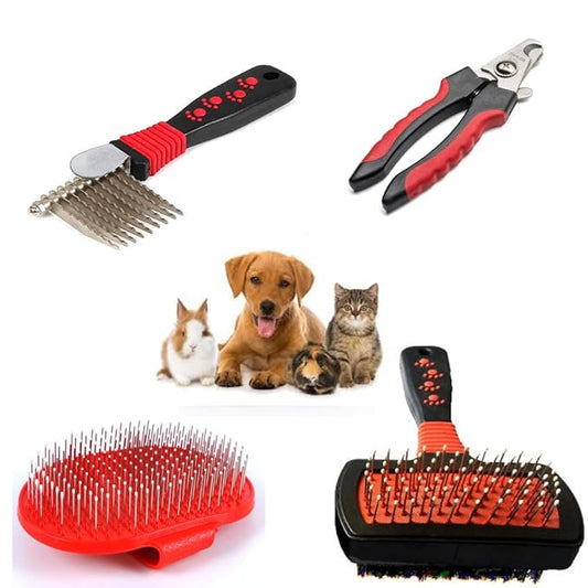 Dog Brush Kit (4 Pieces) - For Shedding, Undercoat Rake for Dogs, Small or large Long and Short Haired Dog, Cat, and Puppy- Safe & Effective includes Nail Clipper, 2 Brushs, & dematting.