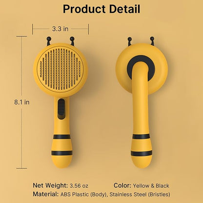 Bee Cat Brush, Self Cleaning Cat Brush with Release Button, Cat Hair Brush for Shedding, Pet Grooming Brush for Short and Long Haired Cats Dogs (Yellow)