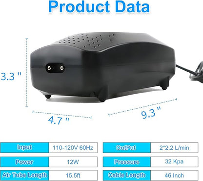 Coospider Upgrade 12W Aquarium Air Pump, Ultra Quiet Aquarium Bubbler, Dual Outlet Fish Tank Bubbler Adjustable Airflow for Large Aquarium Oxygen Generator with Air Stone for 20-600 Gallon