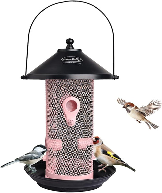 Happy Wings Hanging Metal Mesh Tube Bird Feeder for Wild Birds- Pink I 4 Metal Perches I Durable & Heavy -Duty I Weatherproof, Completely Removable Finch Bird Feeder for Balcony - 2 Lb Capacity
