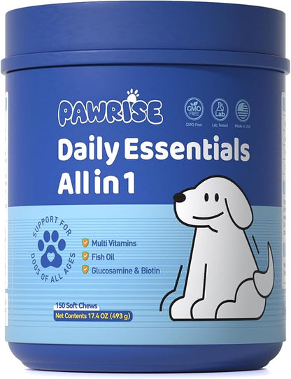 Dog Daily Supplements - MultiVitamins for Dog Hip & Joints, Skin & Coat, Digestion & Immune Support - with Biotin, Glucosamine & Omega-3-150ct - Dog Supplement Soft Chew