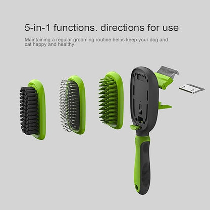 5 in 1 Pet Grooming Kit Dog Brush & Cat Brush Set 2 Sided Detachable Dematting Deshedding Comb for Stubborn Mats & Tangles,Hair Removing,Bath&Massage