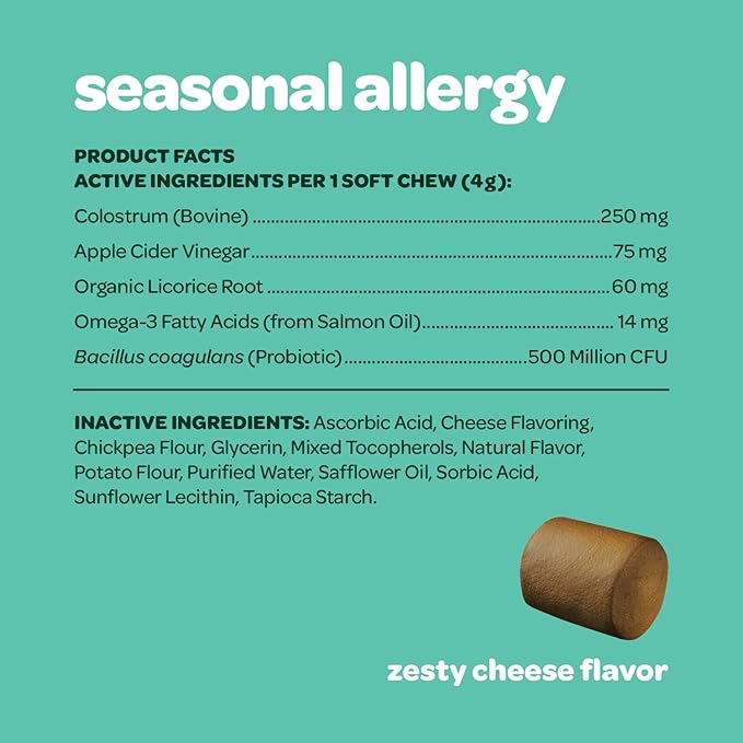 Dog Allergy Chews with Probiotics | Seasonal Allergy Chews for Dogs with Wild Alaskan Salmon Oil & Colostrum | Environmental Dog Allergy Support | NASC Certified & Made in The USA | 60 Chews