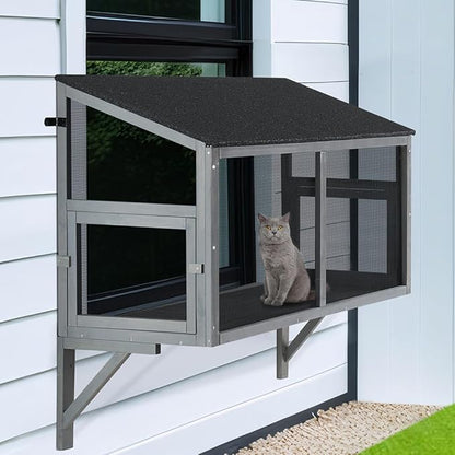 beeNbkks Bug Proof Cat Catio, Window Cat House with Metal Mesh, Outdoor Enclosure for Indoor Pets, Expandable Wooden Perch, Safe Comfortable Haven for Pets, Keep Bugs Insects Out