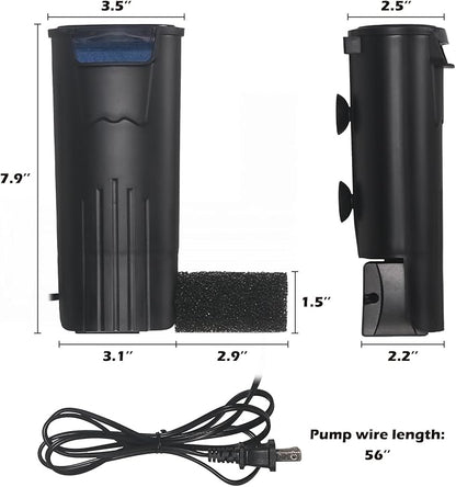 Turtle Tank Filter Aquarium Internal Filter for 3 to 20 Gallon Fish Tank, Bio-Filtration Low Water Level Small Power Canister Filter, Frog Shrimp Newt Betta Water Clean, Hang On Back Waterfall Quiet
