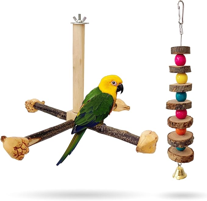 Rotating Parrot Perch Toy with Chew Toy,Interactive Spinning Toys，Wooden Exercise Wheel Parrot Toys, Bird Perch Bird Toys Parakeet Toys，Bird Cage Accessories Wooden Chew Toys Perch Stand