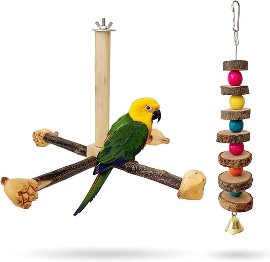Rotating Parrot Perch Toy with Chew Toy,Interactive Spinning Toys，Wooden Exercise Wheel Parrot Toys, Bird Perch Bird Toys Parakeet Toys，Bird Cage Accessories Wooden Chew Toys Perch Stand