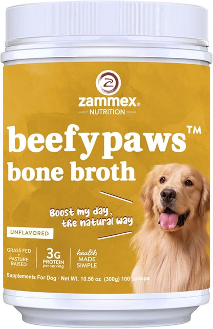 Zammex Bone Broth for Dogs, Grass Fed Beef Bone Broth Protein Powder - Supports Joints and Bone, Enhances Fur, Dogs & Cats Food Toppers for Dry & Wet 10.58oz
