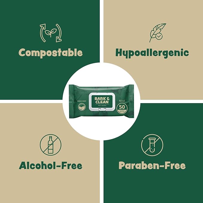 Dog Wipes for Cleaning and Deodorizing - Box of 50 Individually Wrapped 8.5" x 9" Bamboo Pet Wipes - Compostable, Hypoallergenic Puppy Wipes - Dog Wipes for Paws, Butt, and Body