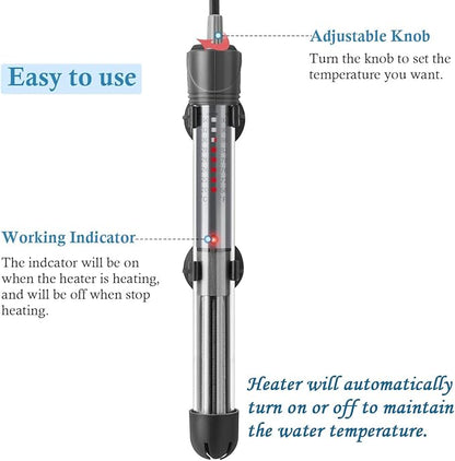 HITOP 25W 50W 100W 200W 300W Adjustable Aquarium Heater, Submersible Fish Tank Heater Thermostat with Suction Cups (100W-grey)