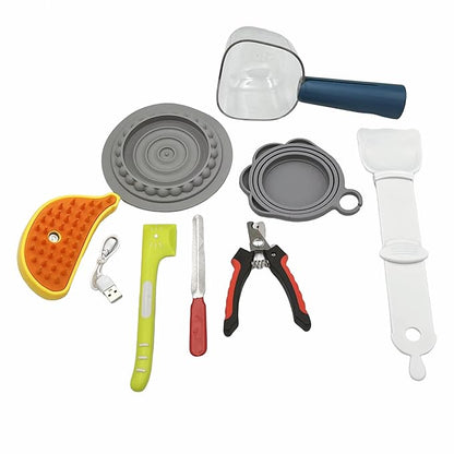 Pet Grooming Food Kit, 8Pcs Dog Cat Can Supplies Set,Steam Brush,Nail Clipper & File,Food Can Spoon,Pet Food Scoop with Bag Clip,Cat Strip Feeder Spoon,Food Can Lid Cover,Slow Feeder Bowl