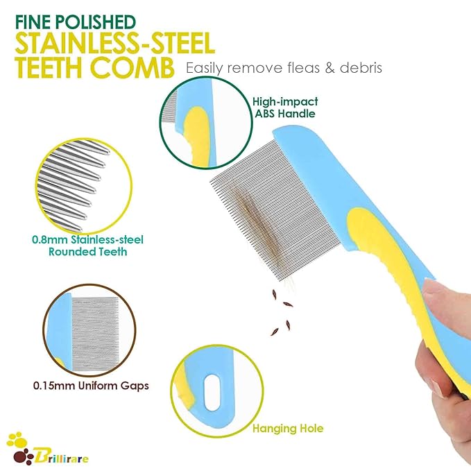4 Pack Flea Lice Comb, Stainless Steel Dog Cat Grooming Combs with Rounded Teeth, 2-in-1 Double Sided Professional Pet Tear Stain Remover, Dematting Tool for Small, Medium & Large Pets