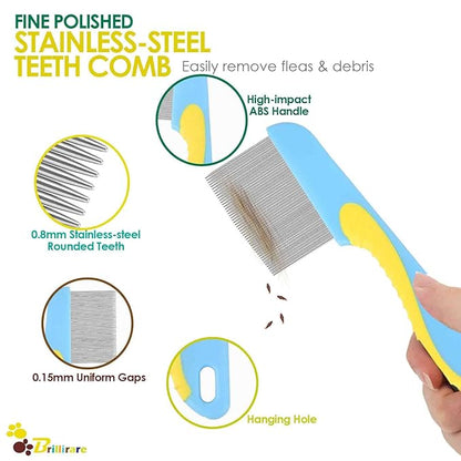 4 Pack Flea Lice Comb, Stainless Steel Dog Cat Grooming Combs with Rounded Teeth, 2-in-1 Double Sided Professional Pet Tear Stain Remover, Dematting Tool for Small, Medium & Large Pets