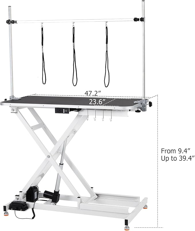 47 Electric Lift Dog Grooming Table (White), Heavy Duty Electric Grooming Arm Table for Pets & Large Dogs Adjustable Height: 9.4"-39.4" Non-slip Desktop with Gantry Crane Set, Fixture *4 Noose*2