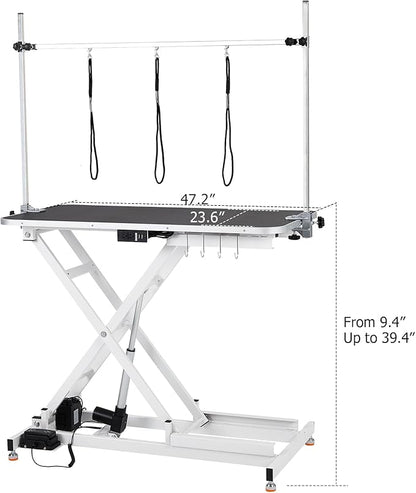 47 Electric Lift Dog Grooming Table (White), Heavy Duty Electric Grooming Arm Table for Pets & Large Dogs Adjustable Height: 9.4"-39.4" Non-slip Desktop with Gantry Crane Set, Fixture *4 Noose*2