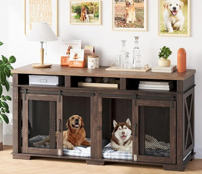 IDEALHOUSE 71" Extra Large Dog Crate Furniture, Wooden Double Dog Crates Kennel Cage,Furniture Style Tv Stand Side End Table for 2 Dogs With Removable Divider for Large Dogs,3 Storage,Dark Walnut/Ligh