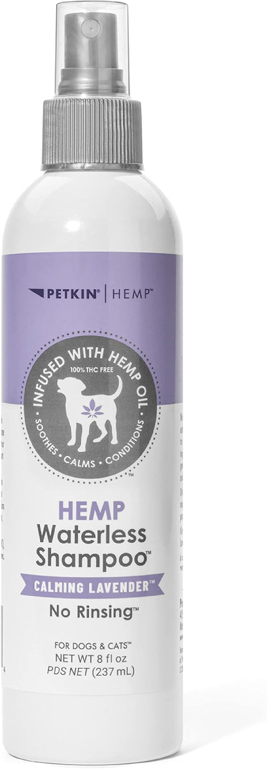Petkin Hemp Waterless Dog Shampoo Spray  with Hemp Oil & Calming Lavender Extract, 8 fl oz  for Cats and Dogs  Soothes, Calms & Conditions, Keeps Pet Smelling Great  for Home and Travel