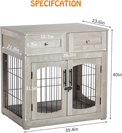 Dog Crate Furniture with Double Drawers, Wooden End Table Dog Kennel, Furniture Style Wood House Crate for Small/Medium/Large Dogs, Decorative Dog Crate with Storage for Large Breed, 40 Inch, Gray