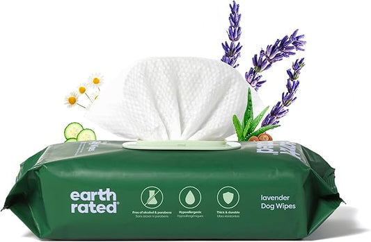 Earth Rated Dog Grooming Wipes, Hypoallergenic, Cleaning and Hydrating, for Paws, Body and Butt, Lavender Scented, 100 Count