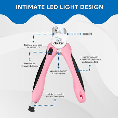 Dog Nail Clipper with Ultra Bright LED Light for Bloodline, Stainless Steel Pet Nail Trimmer with Safety Guard, Ergonomic Handle, Free Nail File for Smooth, Easy Grooming. Dogs and Cats(Pink)
