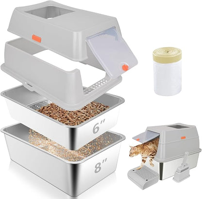 ELEGX Pine Litter Sifting Cat Litter Box, 4-in-1 Cat Metal Litter Box Set,Enclosed Removable Metal Litter Box with Screen Mesh,High Sided Enclosure,Mat & Scoop (Grey)