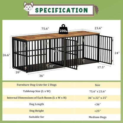 Dog Crate Furniture for 2 Dogs, 76 Wooden Dog Kennel with Divider, XXL Double Dog Crate Furniture Large Breed with 4 Doors, Dog Cage End Table Indoor for Large & Medium Dogs, Black