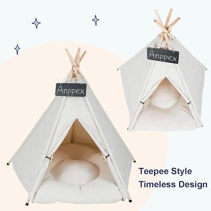 ANPPEX 24-Inch Dog Teepee Tent Indoor,M Size Pet Tent Bed for Small Dogs and Cats,Indoor Dog House with Thick Cushion,White