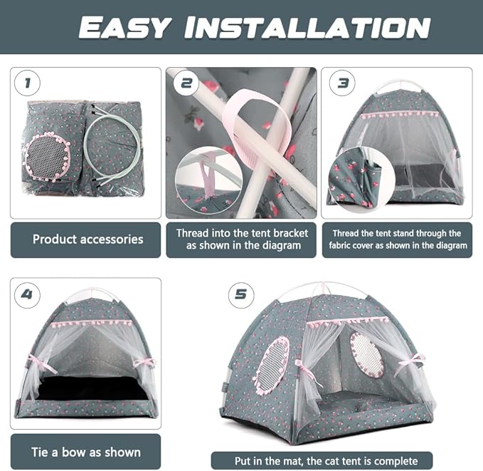 pawstrip Dog Tent Indoor Cat House Pink Puppy Bed Portable Pet Teepe Princess Dog Camping Tent Outdoor Kitten Houses Cute Bunny Nest Girl Kitty Cave (M, Gray)
