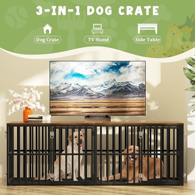 Dog Crate Furniture for 2 Dogs, 76 Wooden Dog Kennel with Divider, XXL Double Dog Crate Furniture Large Breed with 4 Doors, Dog Cage End Table Indoor for Large & Medium Dogs, Black
