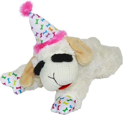 Multipet Lamb Chop Dog Plush Toy w/Birthday Hat - Squeaky Dog Toy for All Dogs - Soft Plush Dog Toy - Stuffed Animal Dog Toy for Playing - Cute Dog Birthday Toy (10.5, Pink Hat, 5 Squeakers)