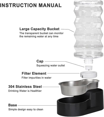 RIZZARI Dog Water Dispenser Bowl: 8L Large Black Stainless Steel Automatic Pet Dispenser with Replaceable Filter - Anti-Splash Design for Busy Owners