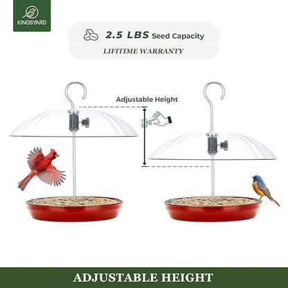 Kingsyard Adjustable Platform Bird Feeder for Outdoors Hanging, Metal Tray Bird Feeder with Dome Top, Attract Bluebirds Cardinals Goldfinches (Red)
