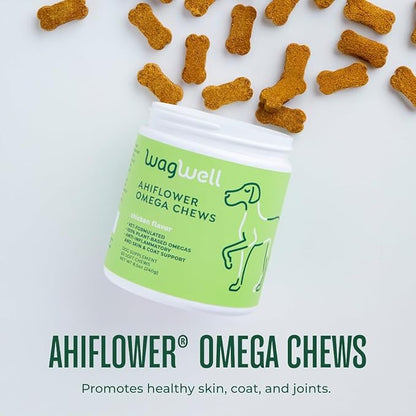 WagWell Ahiflower Omega Oil Dog Chews - Vet-Formulated Skin, Coat, Hip and Joint - Plant-Based Omega 3, 6 and 9 Supplement - Natural Chicken-Flavored Dog Omega Oil Bites, 60 Soft Chews
