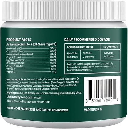Advanced Hip & Joint Supplement for Dogs with Glucosamine and Chondroitin, for Dogs Glucosamine, Organic Turmeric, Egg Shell Membrane, Green Lipped Mussel, 90-Count, Chicken