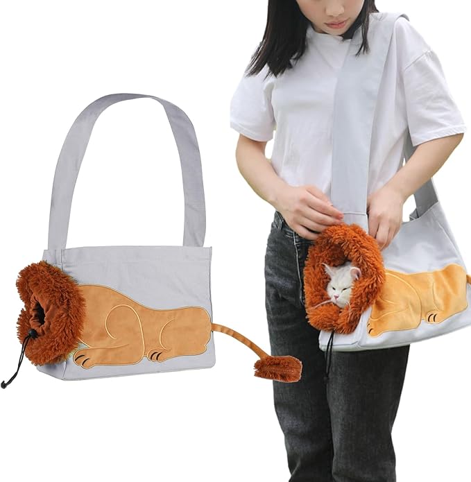 Dog Carrier Sling Lion-Shaped Pet Canvas Bag Cat Shoulder Bag Pet Body Holder for Daily Use Walking Travel Outdoor, Light Grey S