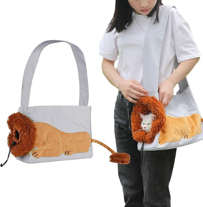 Dog Carrier Sling Lion-Shaped Pet Canvas Bag Cat Shoulder Bag Pet Body Holder for Daily Use Walking Travel Outdoor, Light Grey S