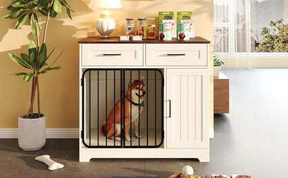 Ball & Cast 37.4" 2-in-1 Dog Crate Furniture,Modern Indoor Kennel with 2 Drawers&Storage Shelves,Double Doors&Double Locks Design for 26-40 lbs Dogs,Living Room,Kitchen,Entryway Side Table,White