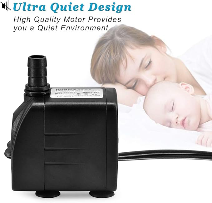 DOMICA 220GPH Ultra Quiet Fountain Pump (15W 800L/H), Small Submersible Pump for Pond, Water Feature, Aquariums, Hydroponics, Indoor or Outdoor Fountain