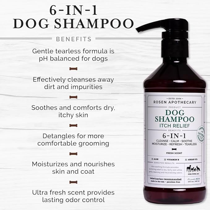 6-in-1 Itch Relief Dog Shampoo with Brush - Tearless Shampoo for Dogs Cleanses, Soothes, Refreshes and Moisturizes While Offering Itch Relief, 480ml