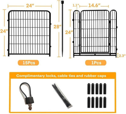 24 in(H) Decorative Garden Fence with Gate,16 Panels Total 31.4 Ft(L) Heavy Duty Iron Animal Barrier Fence for Yard,Suitable for Indoor Pet Or Outdoor Dog Fencing, Garden Border Fence