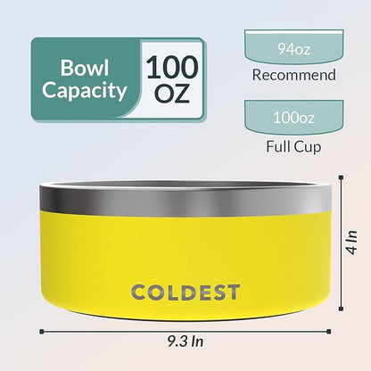 Coldest Dog Bowl - Anti Rust Metal, Non Slip, 3 Layers Insulated Stainless Steel Dog Bowls - Spill Proof & Heavy Duty - Water Bowl for Dogs, Cats & Pets, Dish Washer Safe (100 oz, Solar Yellow)