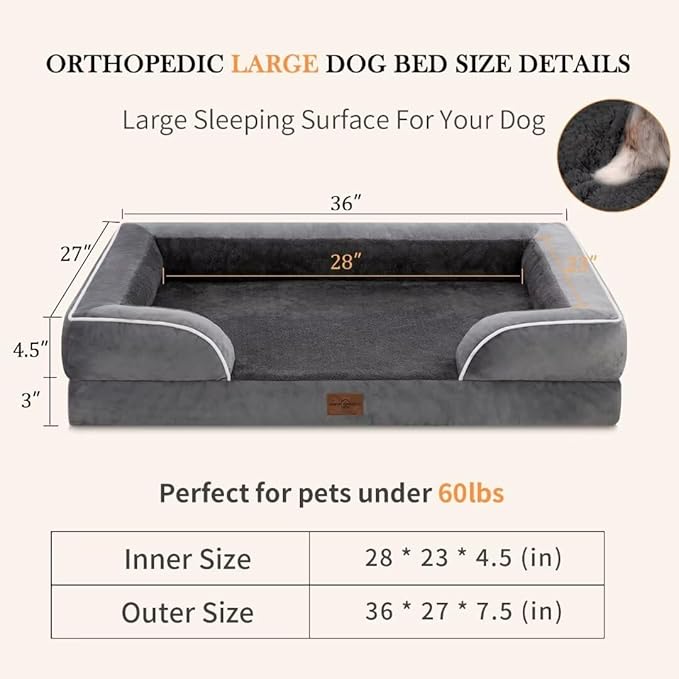Cooling Dog Bed for Large Dogs, Memory Foam Orthopedic Dog Bed, Waterproof Dog Beds, Washable Dog Bed with Removable Cover,Pet Bed Dog Sofa with Bolster(Large,Leaden Grey)