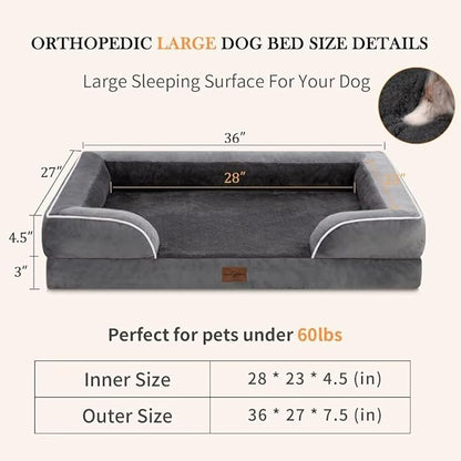 Cooling Dog Bed for Large Dogs, Memory Foam Orthopedic Dog Bed, Waterproof Dog Beds, Washable Dog Bed with Removable Cover,Pet Bed Dog Sofa with Bolster(Large,Leaden Grey)