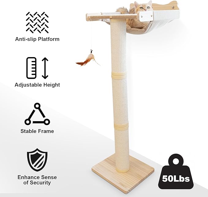 Upgraded Cat Window Perch with Scratching Post, 47.3" Adjustable Cat Tall Scratching Posts & Suction Cup – Multi-Level Perch for Climbing, Bird Watching, and Play, Supports 50 lbs (Drilling-Free)