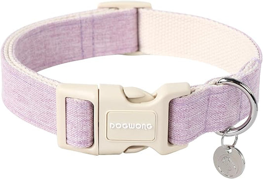 DOGWONG Cotton Hemp Dog Collar, Heavy-Duty Purple Adjustable Soft Natural Fabric Pet Collar for Small Medium Large Dog