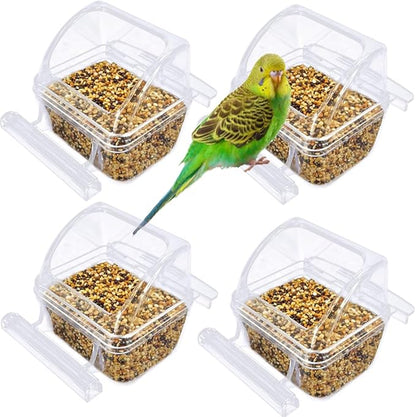 4 Pack Bird Feeders for Cage, No Mess Clear Hanging Parrot Food Bowl, Plastic Slot Food & Water Dispenser Bowl Set, Bird Cage Accessories for Hamsters,Pigeons,Parrot