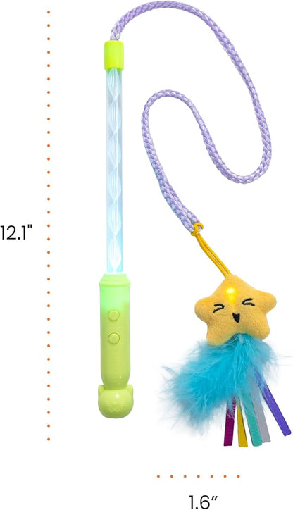 Catstages Twinkle Star Light Up Cat Wand Toy with LED Color-Changing Lights, Feathers & Ribbon Plush Star Attachment, Interactive Flirt Pole for Indoor Cats & Kittens